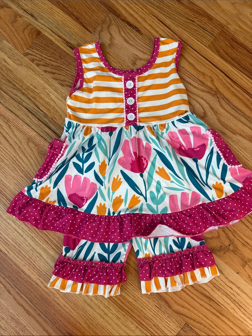 Girls Floral Stripe Ruffle Shorts Set - Pink, Yellow, Teal
